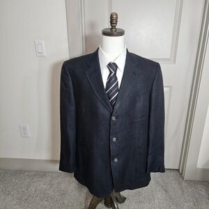 Brooks Brothers 346 Mens 44 Reg Navy Blue Herringbone 100% Linen Blazer